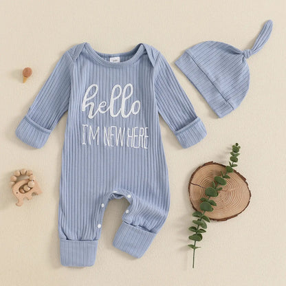 Newborn Baby Boy Fall Clothes Set Casual Letter Embroidery Long Sleeve Ribbed Romper Jumpsuit and Hat 2Pieces Set for Infants by All Mart Bristol Ltd