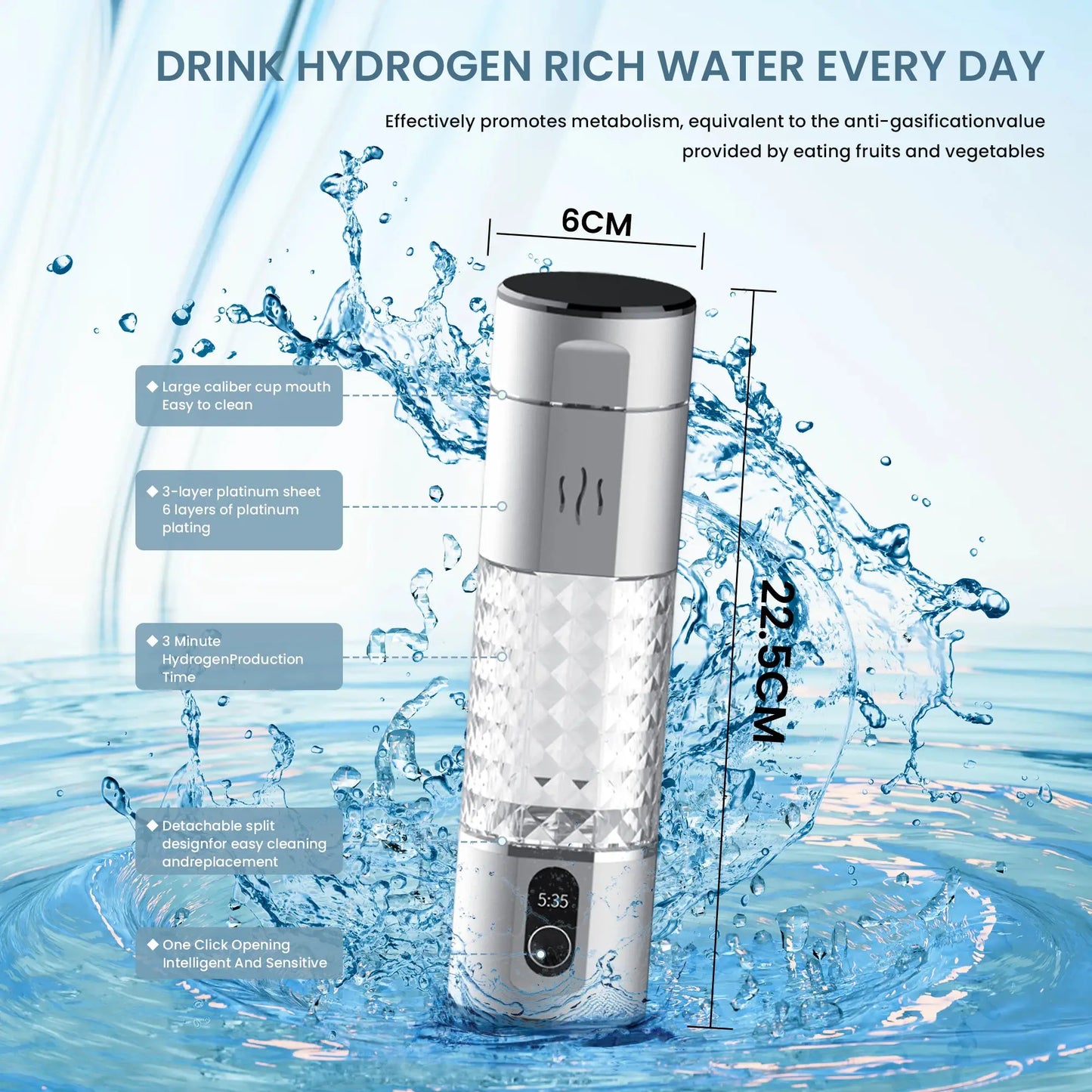 hydrogen water bottle 5000+ppb SPE/PEM hydroegn water flask rechargeable hydrogen water ionizer inhalation generator by All Mart Bristol Ltd