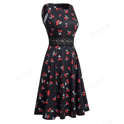 Women Vintage Casual Round Neck A line Summer Elegant Floral Lace Patchwork Sleeveless Tunic Party Swing Dress HA079 by All Mart Bristol Ltd