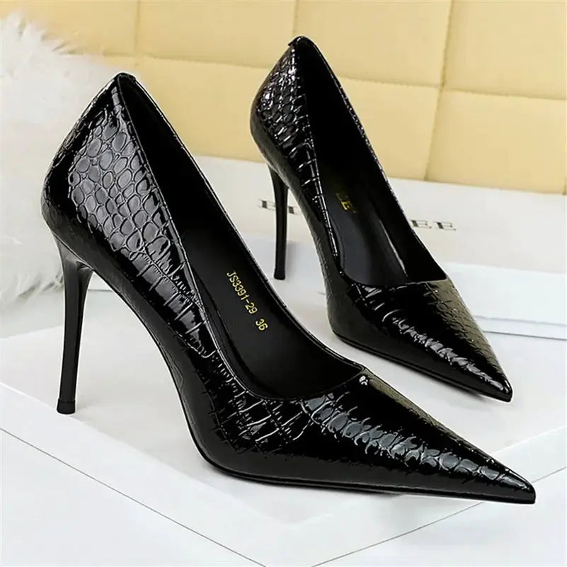 Women 10cm High Heels Stiletto Pumps Pointed Toe Green Nude Heels Office Lady Serpentine Patent Leather Wedding Party Prom Shoes by All Mart Bristol Ltd