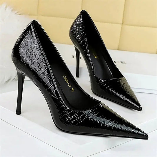Women 10cm High Heels Stiletto Pumps Pointed Toe Green Nude Heels Office Lady Serpentine Patent Leather Wedding Party Prom Shoes by All Mart Bristol Ltd