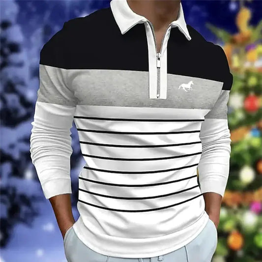 Spring Autumn Men Long Sleeve Casual Turn-down Polo Shirt 100% Polyester Quick Drying Zipper Tops Stripe Golf Polo T Shirt by All Mart Bristol Ltd