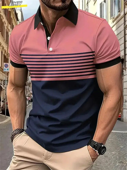 New Male Golf Stripe Polo Men's Casual Short-Sleeved Polo Shirt Solid Color Lapel Fashion Business Sports Breathable T-Shirt Top by All Mart Bristol Ltd