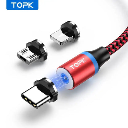 Magnetic Charging Cable 3 IN 1 TOPK 360 Rotation Magnetic Phone Charger Cable with LED Light for Micro USB Type C Cable by All Mart Bristol Ltd