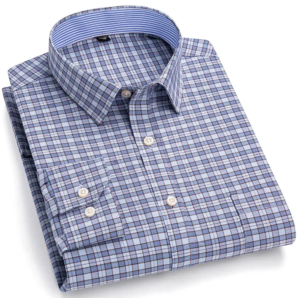Men's Trendy Plaid Striped Lapel Collar Design Cotton Dress Shirts, Long Sleeve Casual Button Up Commuter Shirt For Spring/Fall by All Mart Bristol Ltd