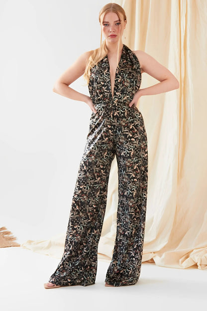 Floral Velvet Backless Jumpsuit by Sarvin