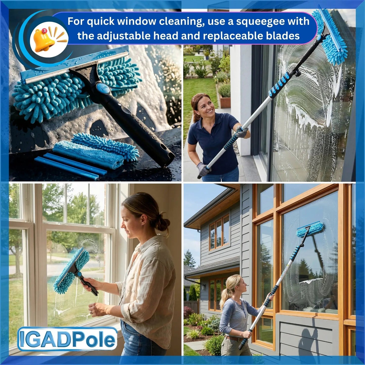 IGADPole Water-fed Brush, Cobweb Duster and 10"(25cm) Squeegee (No Pole Included) by IGADPole