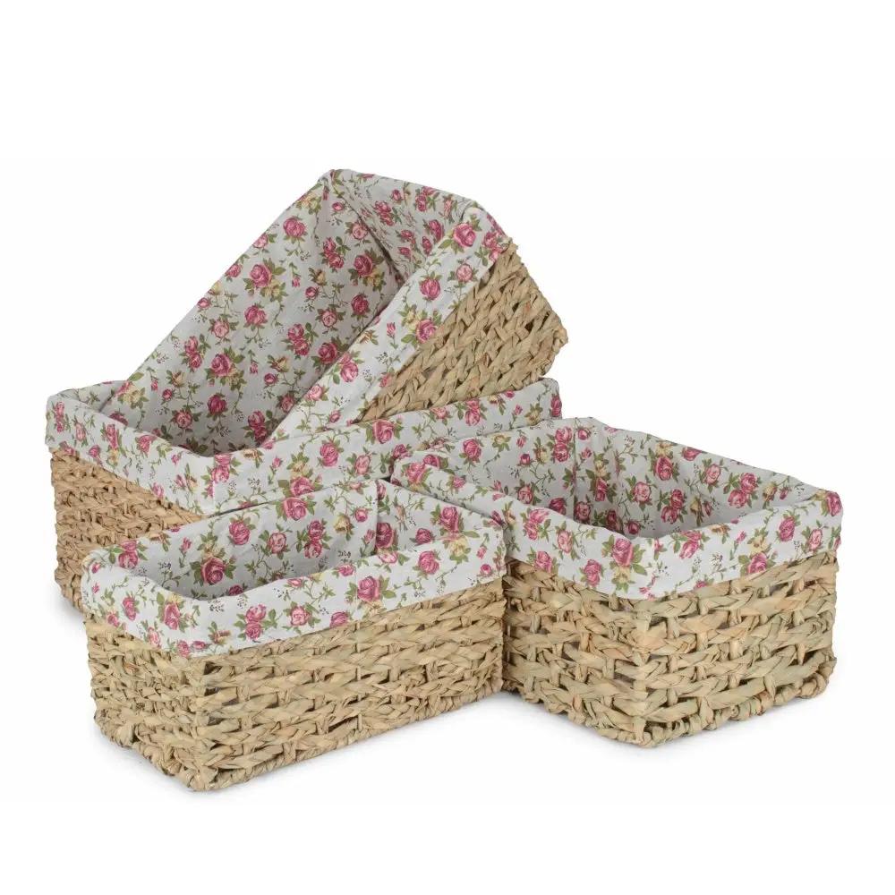 Thatch Grass Woven Storage Basket with Garden Rose Cotton Lining by Red Hamper