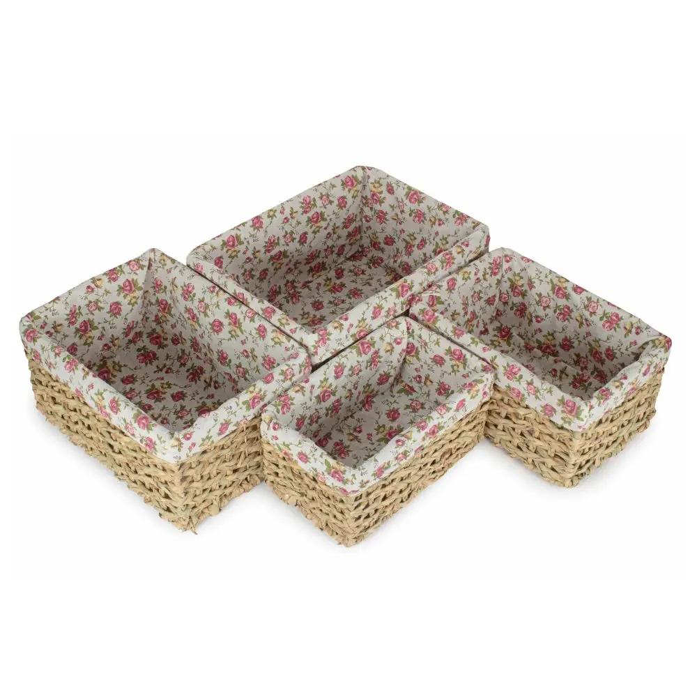Thatch Grass Woven Storage Basket with Garden Rose Cotton Lining by Red Hamper