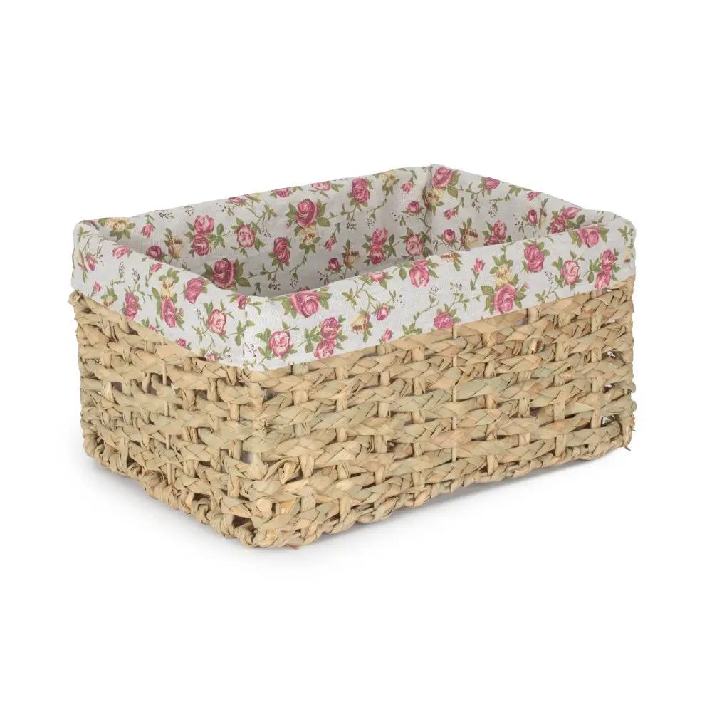Thatch Grass Woven Storage Basket with Garden Rose Cotton Lining by Red Hamper