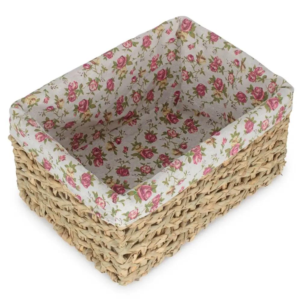 Thatch Grass Woven Storage Basket with Garden Rose Cotton Lining by Red Hamper