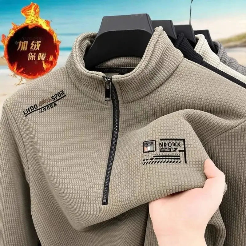 Men's Fleece Liner Sweatshirts Vintage Half Zipper Print Plaid Texture Thick Wool Warm Pullover Luxury Turtleneck Sweatshirts by All Mart Bristol Ltd