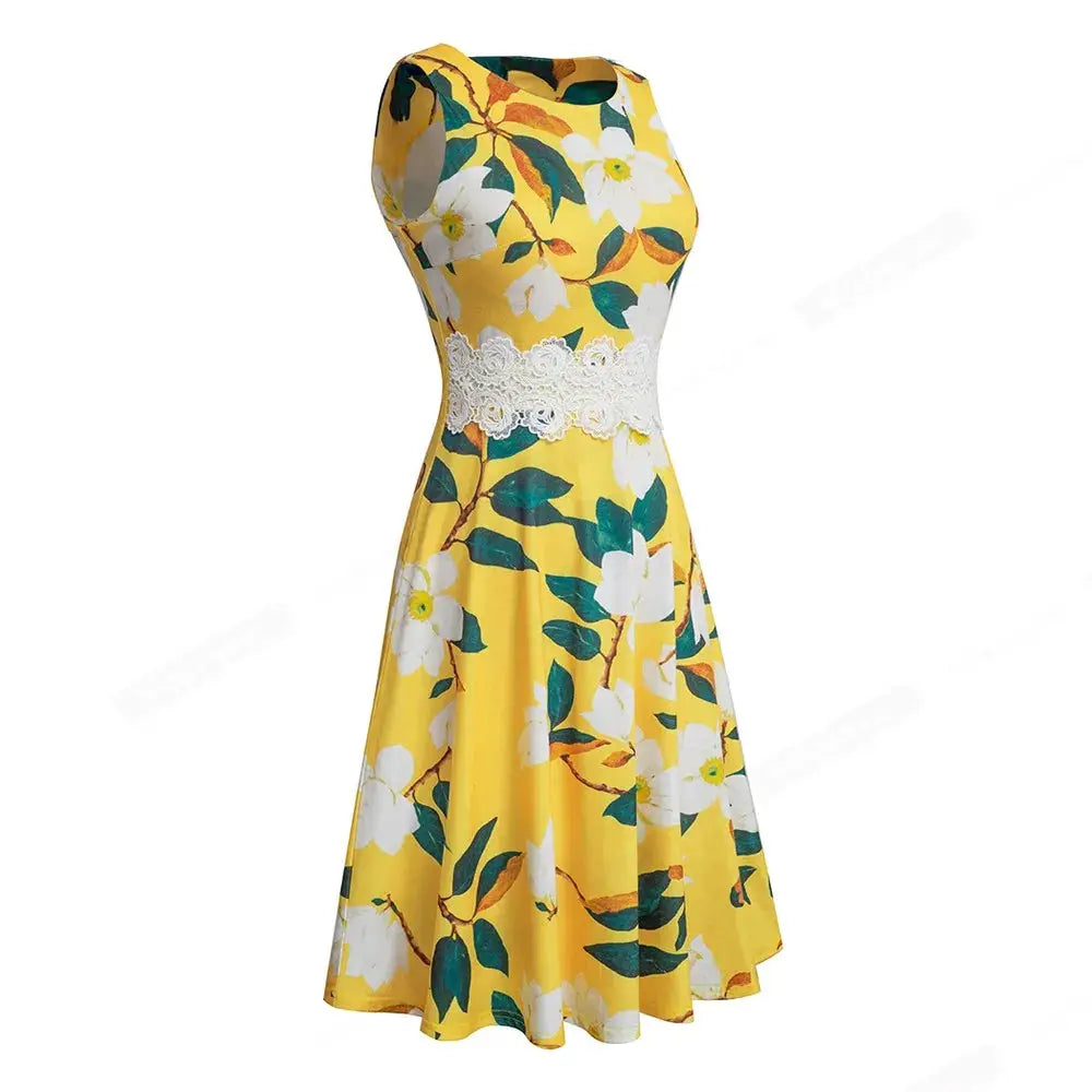 Women Vintage Casual Round Neck A line Summer Elegant Floral Lace Patchwork Sleeveless Tunic Party Swing Dress HA079 by All Mart Bristol Ltd