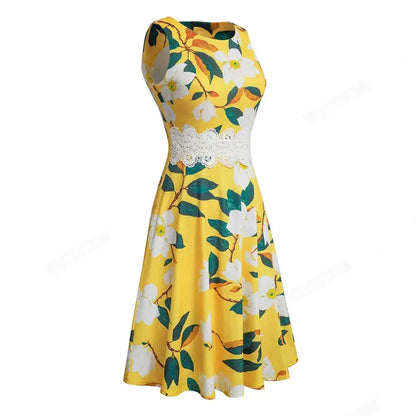 Women Vintage Casual Round Neck A line Summer Elegant Floral Lace Patchwork Sleeveless Tunic Party Swing Dress HA079 by All Mart Bristol Ltd