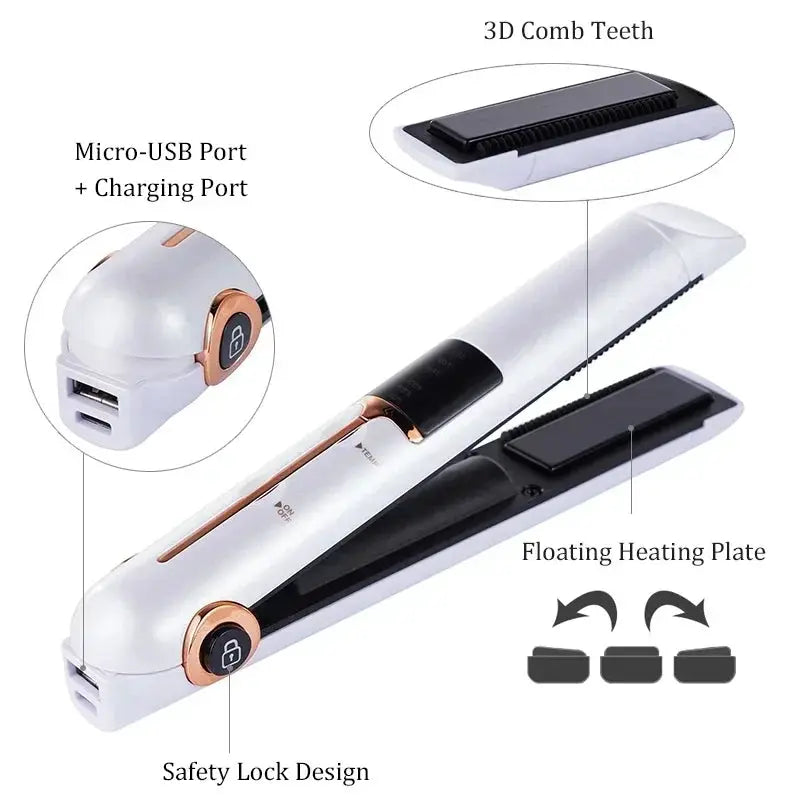 Portable Wireless Hair Straightener With Power Bank Function Rechargeable Hair Straightening Curling Flat Iron For Home Travel by All Mart Bristol Ltd