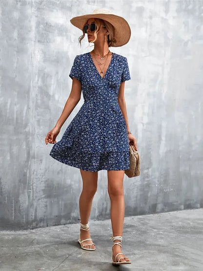 Summer Short Boho Dress Women V Neck Print Floral Party Dress Ladies Bohemian Flower Mini Dress For Women by All Mart Bristol Ltd