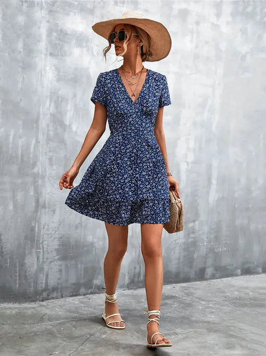 Summer Short Boho Dress Women V Neck Print Floral Party Dress Ladies Bohemian Flower Mini Dress For Women by All Mart Bristol Ltd