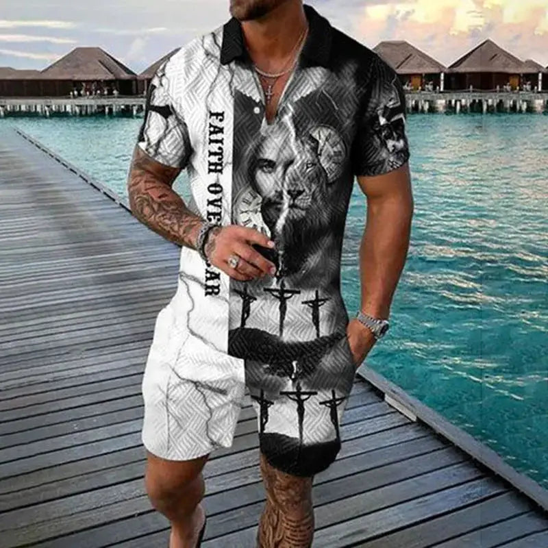Vintage Men's Suit Zipper Polo Shirt Shorts Pants 2 Piece Set Coconut Tree Animal 3D Print Casual Men Tracksuit Ropa Barata by All Mart Bristol Ltd