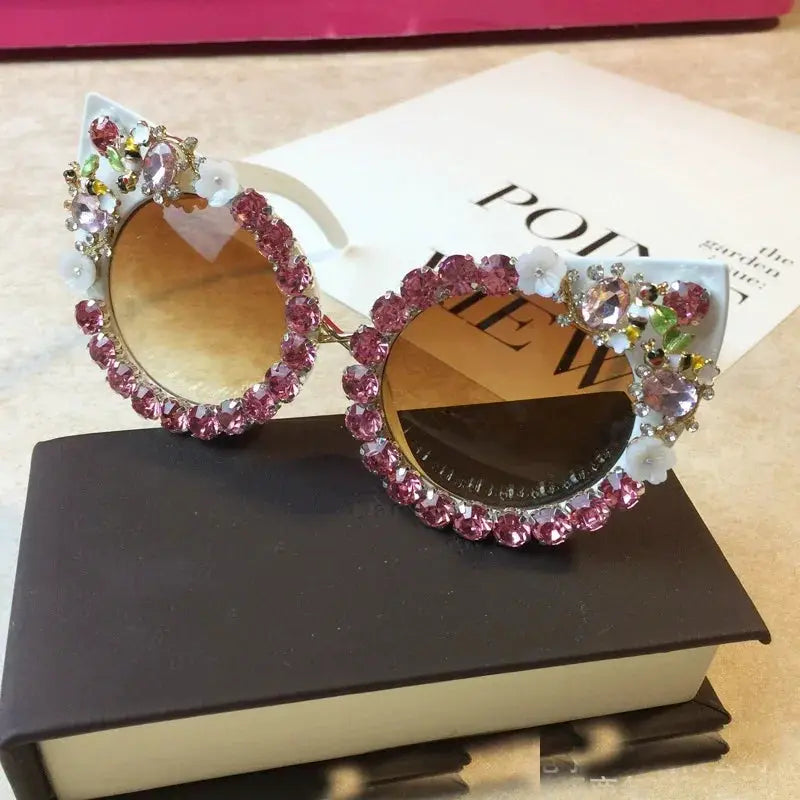 Brand Design Handmade Rhinestone Cat Eye Sunglasses Fashion Glasses Women Flower with Pearl Round Vintage Sunglasses Beach Party by All Mart Bristol Ltd