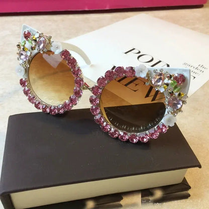 Brand Design Handmade Rhinestone Cat Eye Sunglasses Fashion Glasses Women Flower with Pearl Round Vintage Sunglasses Beach Party by All Mart Bristol Ltd