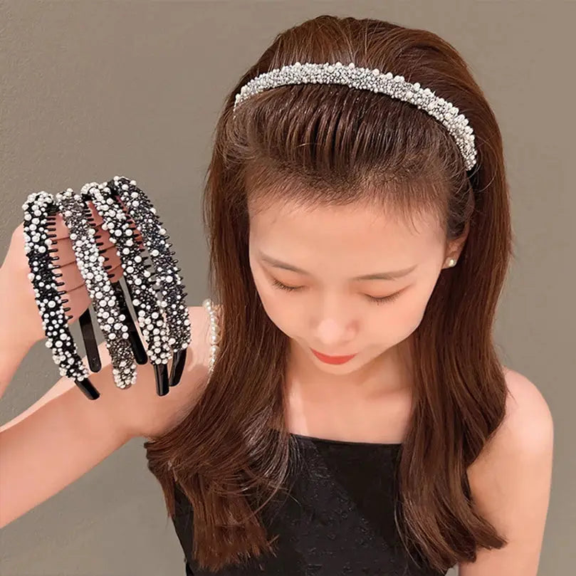 AWAYTR Women Pearl Rhinestones Antislip Hairband For With Teeth Hair Band Headband Hair Hoop Bezel Fashion Hair Accessories by All Mart Bristol Ltd