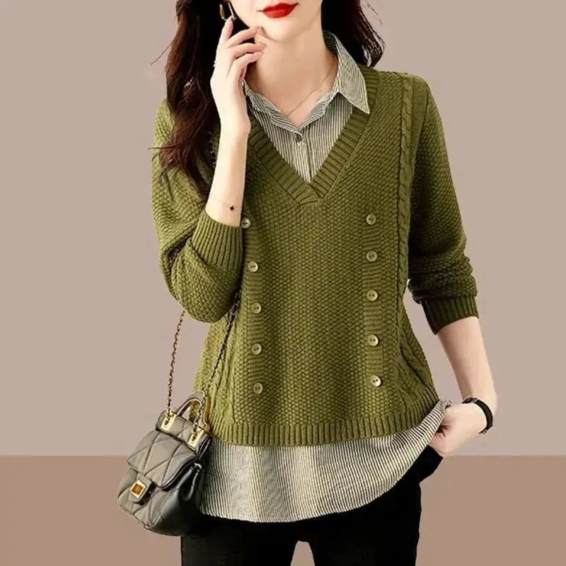2026 New Autumn Women Sweater Pullover Splice Shirt Collar Long Sleeve Fake Two Pieces Knit Sweater Female Tops Bottoming Shirt by All Mart Bristol Ltd