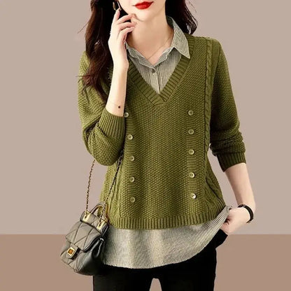 2026 New Autumn Women Sweater Pullover Splice Shirt Collar Long Sleeve Fake Two Pieces Knit Sweater Female Tops Bottoming Shirt by All Mart Bristol Ltd