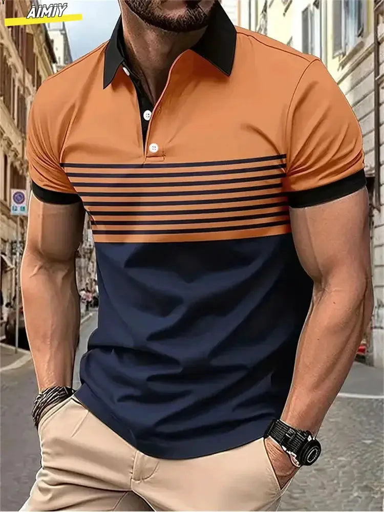 New Male Golf Stripe Polo Men's Casual Short-Sleeved Polo Shirt Solid Color Lapel Fashion Business Sports Breathable T-Shirt Top by All Mart Bristol Ltd