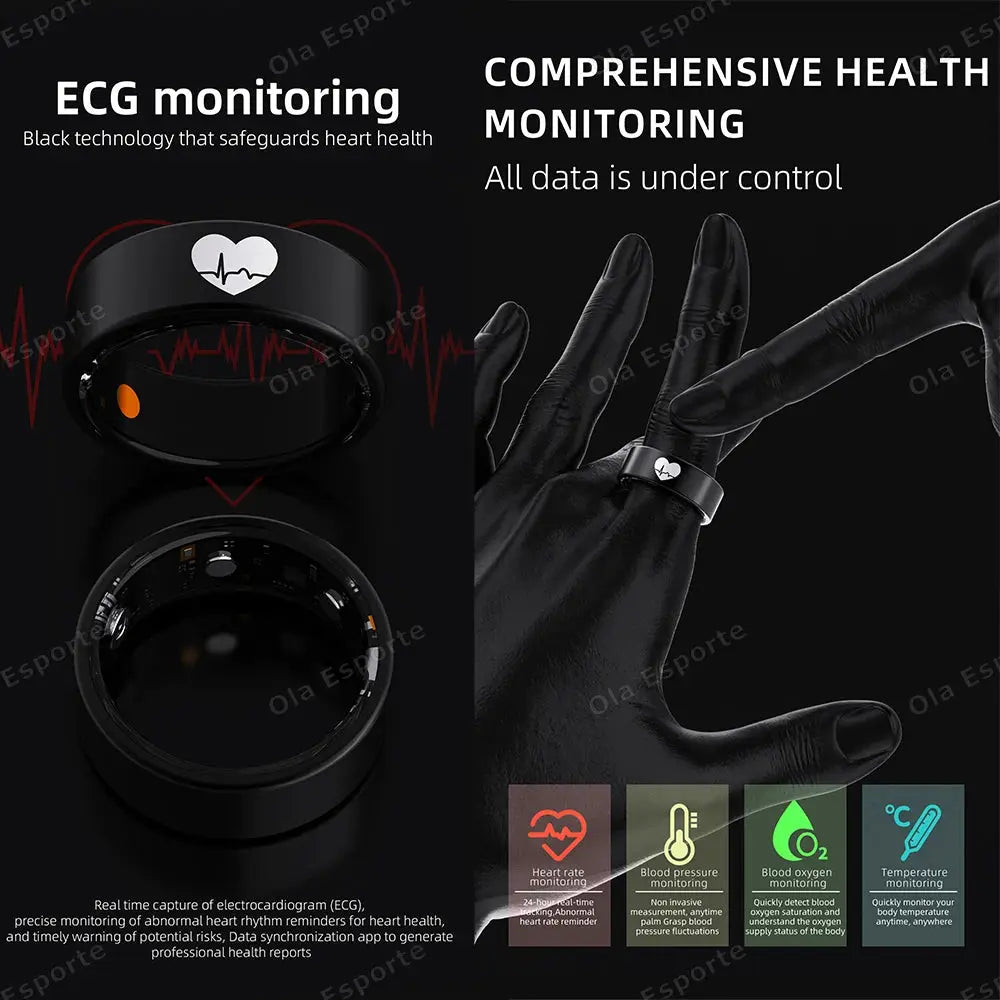 New ECG Smart Ring Men Women Charging Box Body temperature Blood pressure Health Monitor 5ATM Waterproof Remote Control Rings by All Mart Bristol Ltd