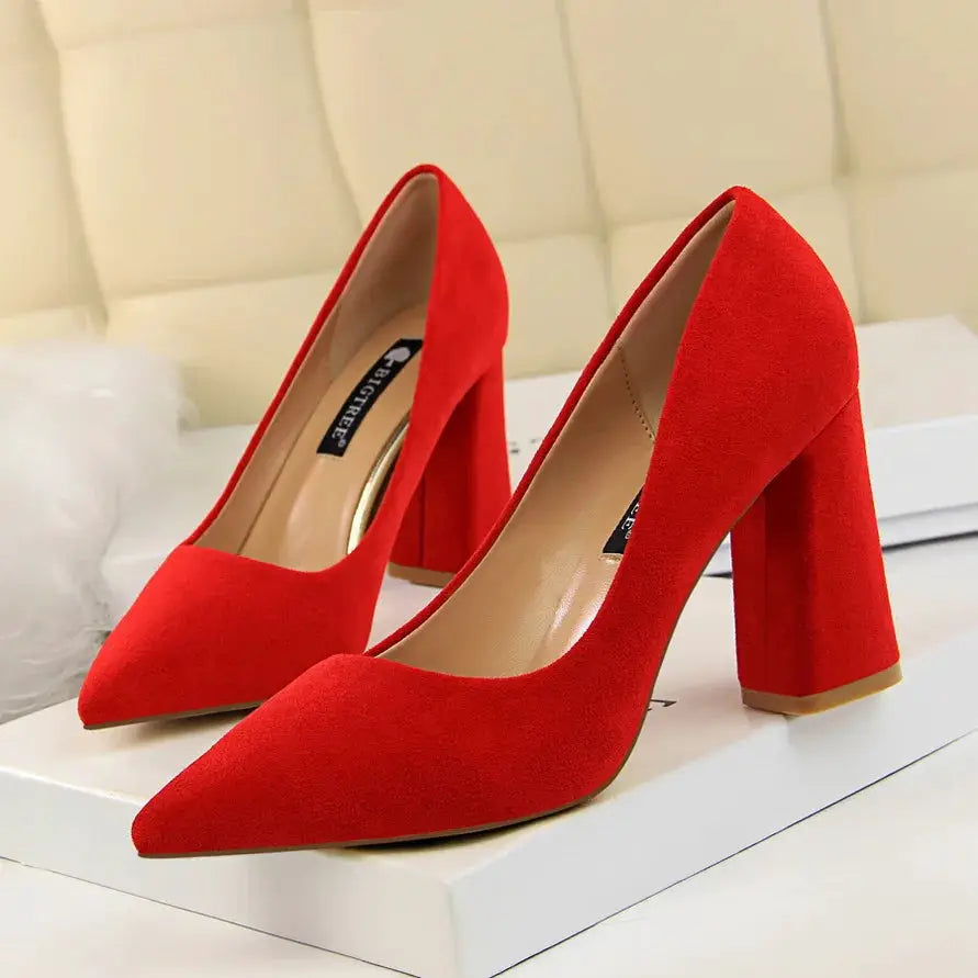 Summer Women 8.5cm High Heels Pumps Escarpins Elegant Sweet Lady Wedding Block Square Middle Heels Flock Suede Nightclub Shoes by All Mart Bristol Ltd