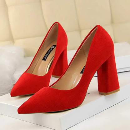 Summer Women 8.5cm High Heels Pumps Escarpins Elegant Sweet Lady Wedding Block Square Middle Heels Flock Suede Nightclub Shoes by All Mart Bristol Ltd
