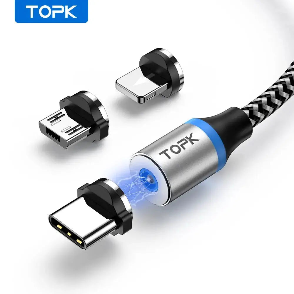 Magnetic Charging Cable 3 IN 1 TOPK 360 Rotation Magnetic Phone Charger Cable with LED Light for Micro USB Type C Cable by All Mart Bristol Ltd