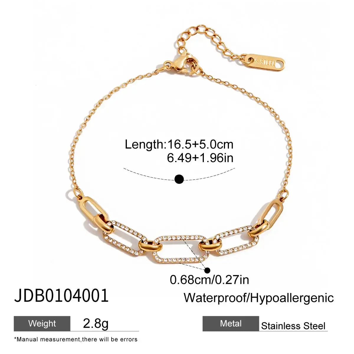 Uworld Minimalist Classic 18K Gold Color Plated Stainless Steel White Rhinestone Paper Clip Hollow Bracelet Stackable Geometric by All Mart Bristol Ltd