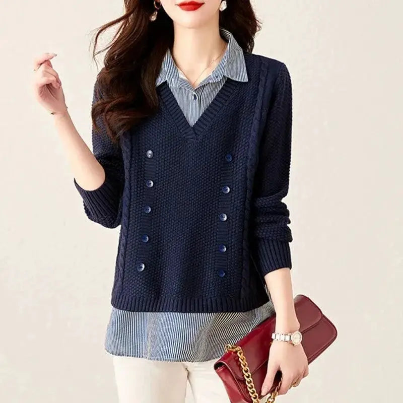 2026 New Autumn Women Sweater Pullover Splice Shirt Collar Long Sleeve Fake Two Pieces Knit Sweater Female Tops Bottoming Shirt by All Mart Bristol Ltd
