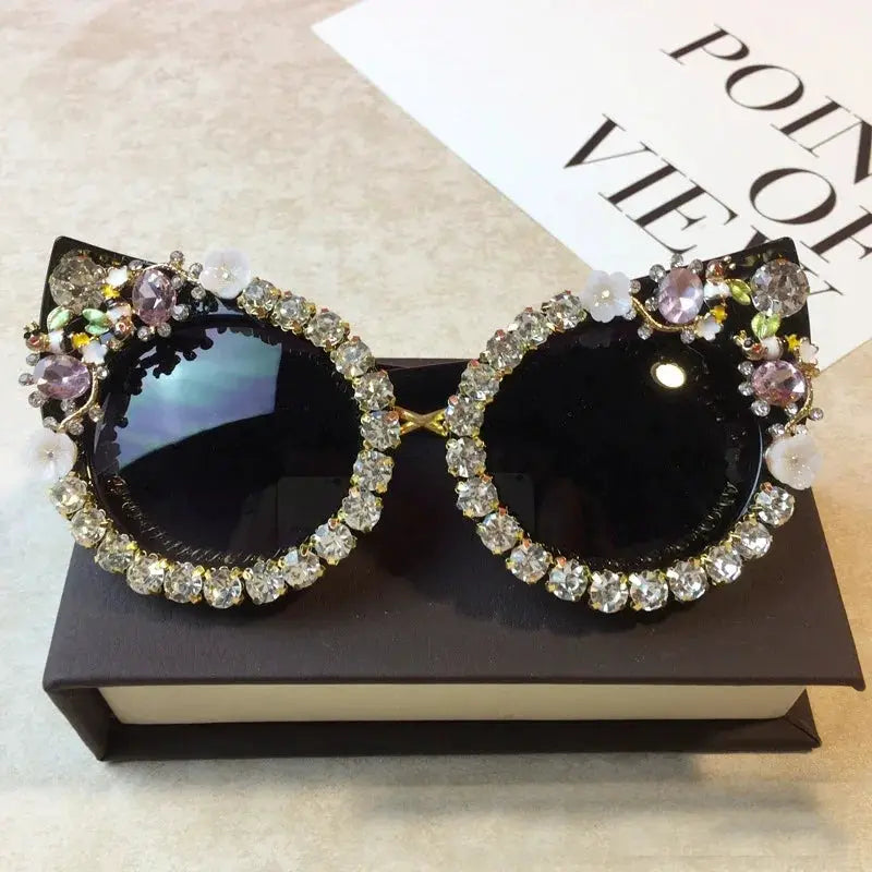 Brand Design Handmade Rhinestone Cat Eye Sunglasses Fashion Glasses Women Flower with Pearl Round Vintage Sunglasses Beach Party by All Mart Bristol Ltd