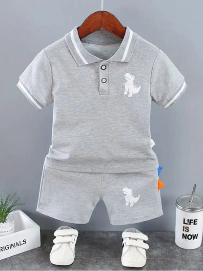 Infant Baby Boy Sets Summer Clothing Casual Sport Suit POLO Shirt + Shorts 2Pcs Set Boys Kids Grey Dinosaur Print Tracksuit by All Mart Bristol Ltd