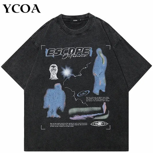 Men's T-Shirt Washed Black Vintage Streetwear Oversized Print Korean Fashion Cotton Graphic Escape Unisex Tops Tees Y2K Clothing by All Mart Bristol Ltd