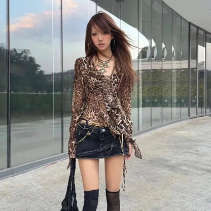 karrram Japanese Y2k Leopard Print Shirt Vintage Harajuku Ruffled Blouses Grunge Aesthetics V-neck Irregular Shirt Trashy 90s by All Mart Bristol Ltd