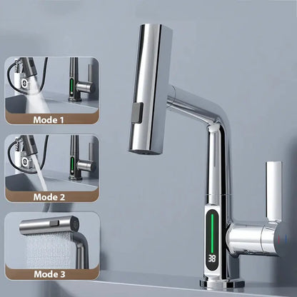 Waterfall Temperature Digital Display Basin Faucet Lift Up Down Stream Sprayer Hot Cold Water Sink Mixer Wash Tap For Bathroom by All Mart Bristol Ltd