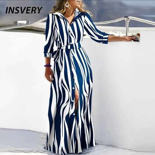Autumn Shirt Dress Women Elegant Turn Down Collar Button Long Dress Women Fashion Striped Print Party Dress 2023 by All Mart Bristol Ltd