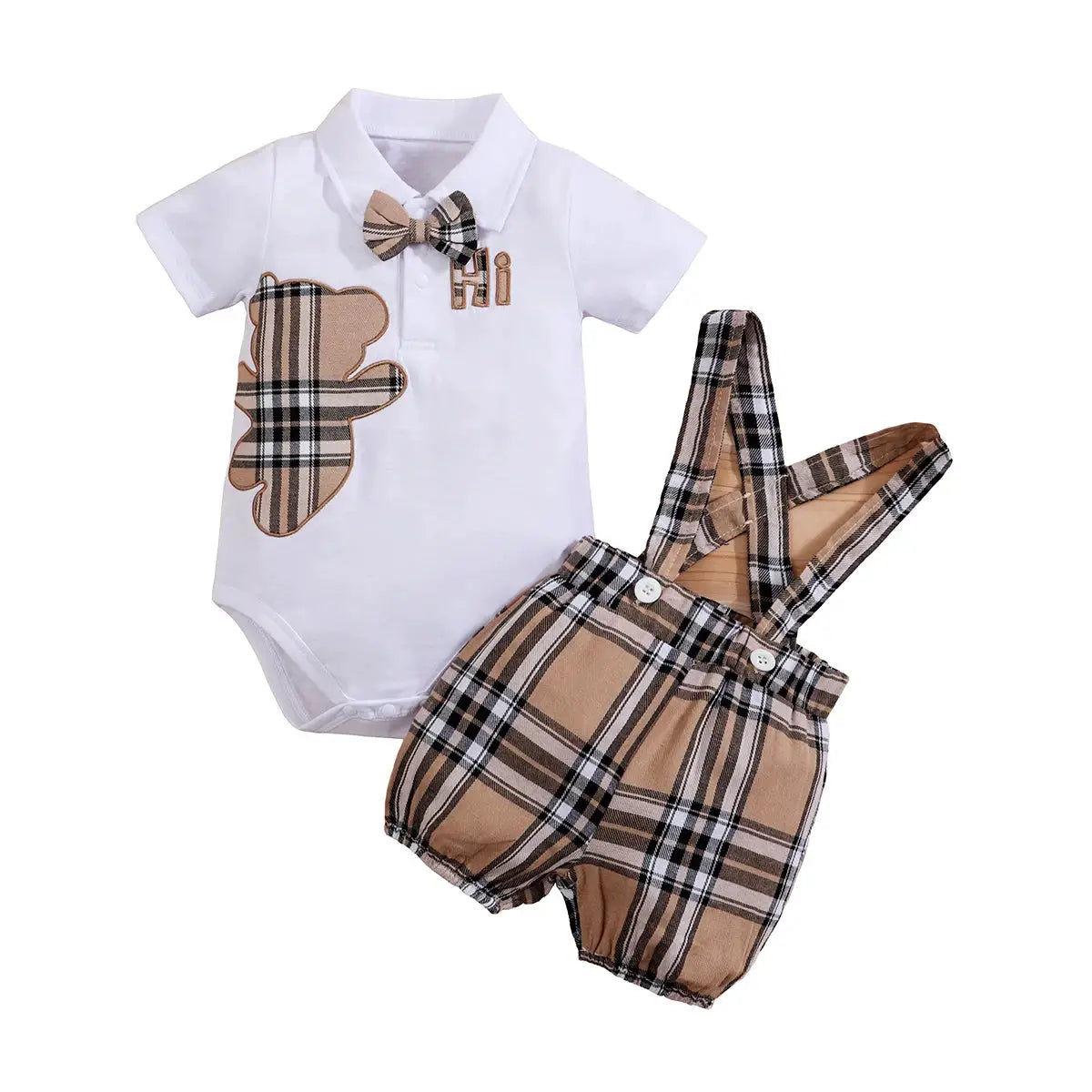 2PCS IURNXB Baby Clothes Sets Short Sleeve Boys Infant Plaid Bear Bodysuit+Suspenders Trousers Set Overall Newborn Outfits 1-18M by All Mart Bristol Ltd