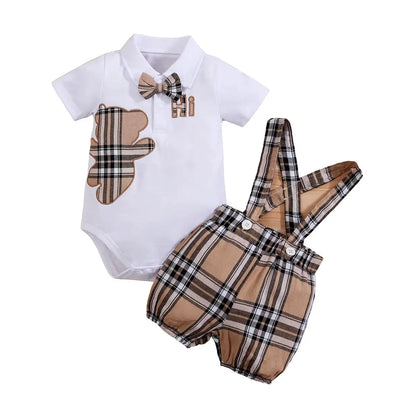 2PCS IURNXB Baby Clothes Sets Short Sleeve Boys Infant Plaid Bear Bodysuit+Suspenders Trousers Set Overall Newborn Outfits 1-18M by All Mart Bristol Ltd