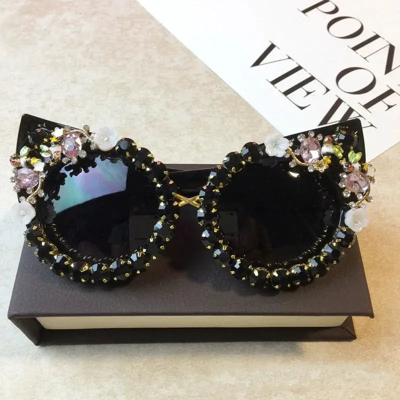 Brand Design Handmade Rhinestone Cat Eye Sunglasses Fashion Glasses Women Flower with Pearl Round Vintage Sunglasses Beach Party by All Mart Bristol Ltd