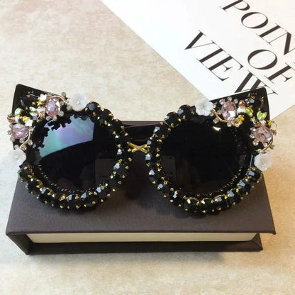 Brand Design Handmade Rhinestone Cat Eye Sunglasses Fashion Glasses Women Flower with Pearl Round Vintage Sunglasses Beach Party by All Mart Bristol Ltd