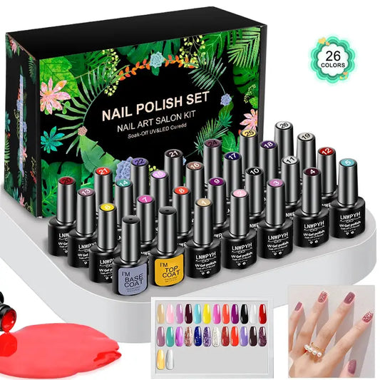 LNWPYH Gel Nail Polish Set Nail Gel Kit 26 Color Semi Permanent UV Led Gel Varnish Soak Off Nail Lacquers Base Coat Top Coat Kit by All Mart Bristol Ltd