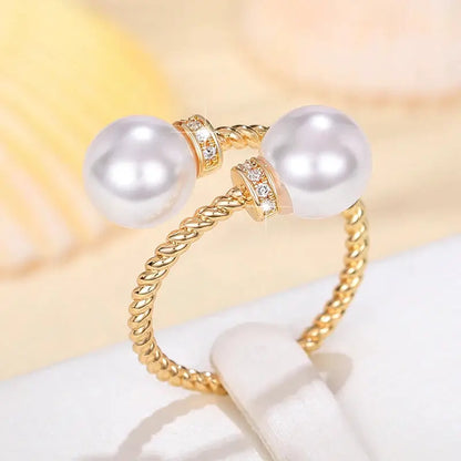 Huitan Temperament Double Imitation Pearl Open Ring Twist Gold Color Band New Fashion Women's Accessories Wedding Jewelry 2023 by All Mart Bristol Ltd