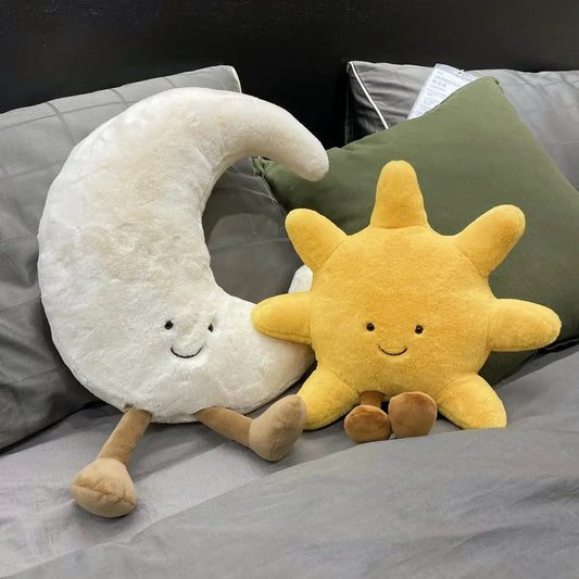 Adorable Smile Face White Moon Yellow Sun Plushie Stuffed Cute Cartoon Weather Plush Toy for Kid Bedroom Decor Sofa Throw Pillow by All Mart Bristol Ltd