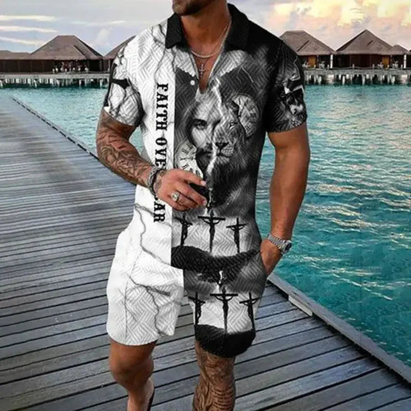 Vintage Men's Suit Zipper Polo Shirt Shorts Pants 2 Piece Set Coconut Tree Animal 3D Print Casual Men Tracksuit Ropa Barata by All Mart Bristol Ltd