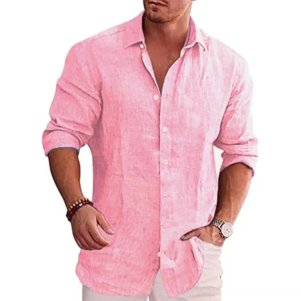 New men's cotton linen autumn hot long-sleeved shirt solid colour versatile casual resort style men's shirt tops by All Mart Bristol Ltd