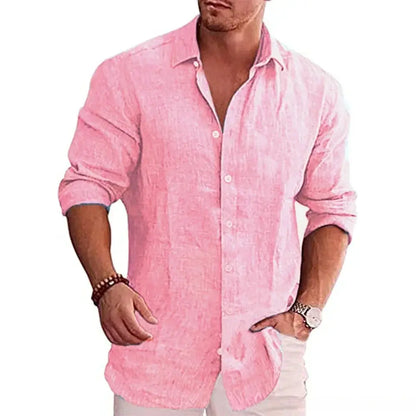 New men's cotton linen autumn hot long-sleeved shirt solid colour versatile casual resort style men's shirt tops by All Mart Bristol Ltd